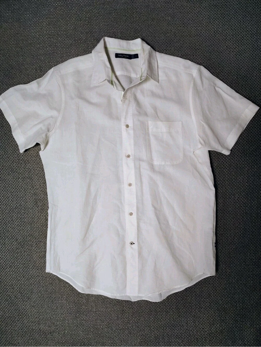 Nautica White Shirt Short Sleeve Cotton Ramie Linen Blend Pocket Men's Size M